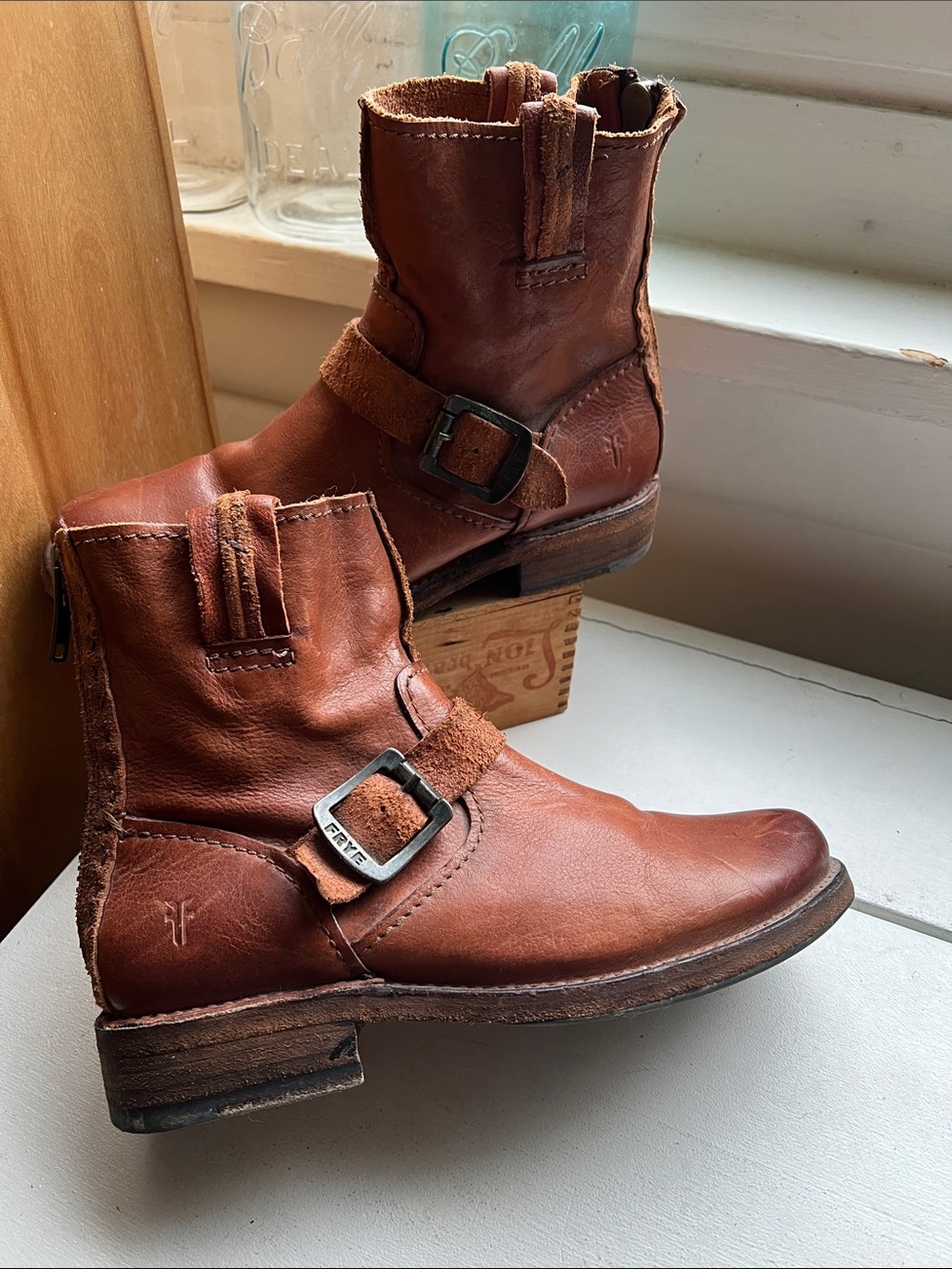 Frye Tan and Brown Leather Boots Suede Buckle Accents Women’s size 7 ankle boot